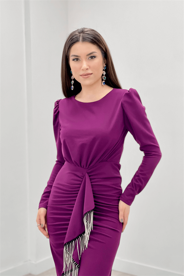 İthal Krep Kumaş Taş Püskül Detaylı Abiye Elbise - PATLICAN MOR