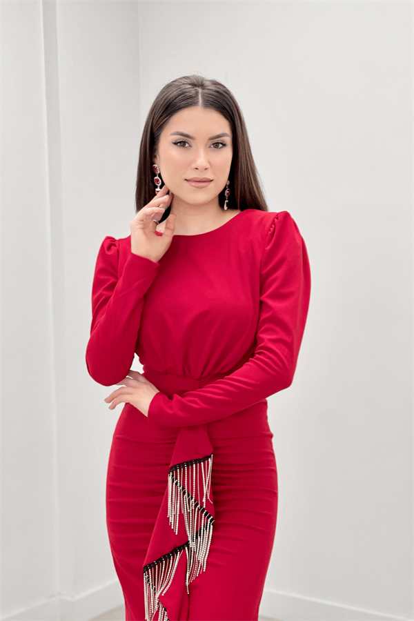 İthal Krep Kumaş Taş Püskül Detaylı Abiye Elbise - KIRMIZI