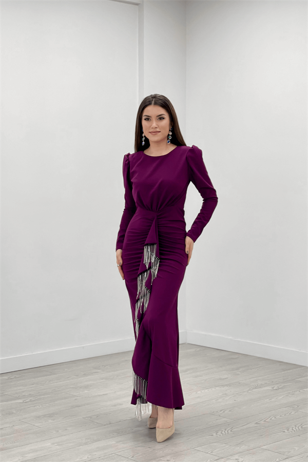 İthal Krep Kumaş Taş Püskül Detaylı Abiye Elbise - PATLICAN MOR