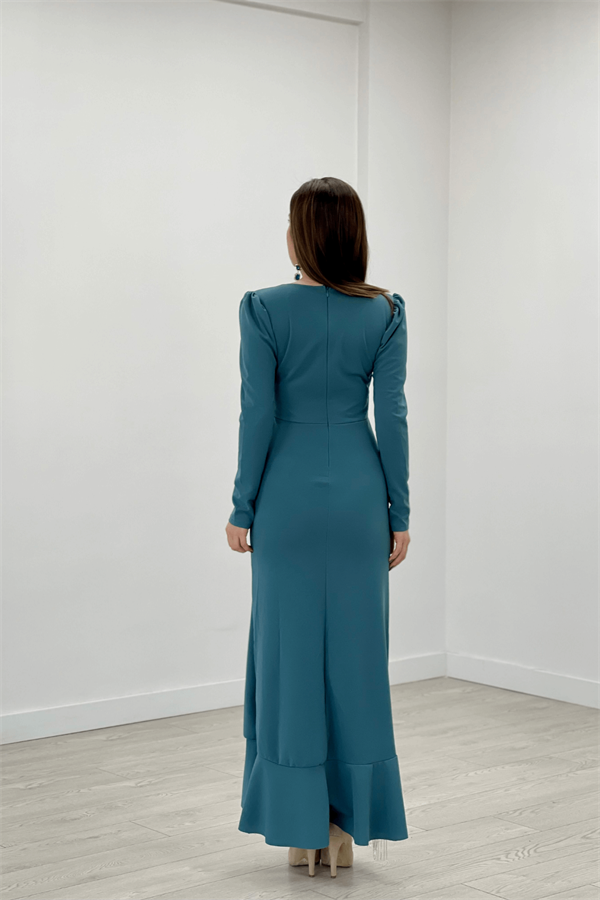 İthal Krep Kumaş Taş Püskül Detaylı Abiye Elbise - SU YEŞİLİ