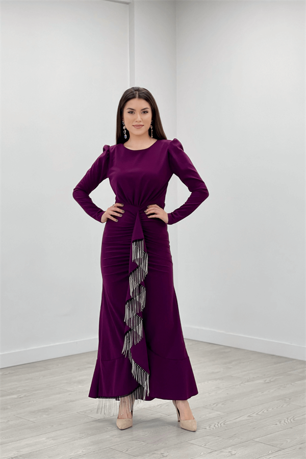 İthal Krep Kumaş Taş Püskül Detaylı Abiye Elbise - PATLICAN MOR