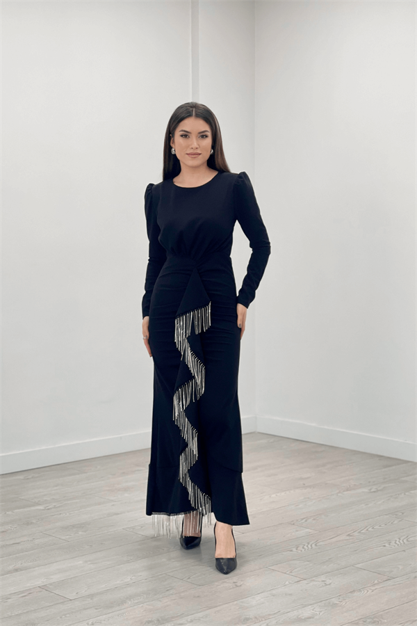 İthal Krep Kumaş Taş Püskül Detaylı Abiye Elbise - SİYAH