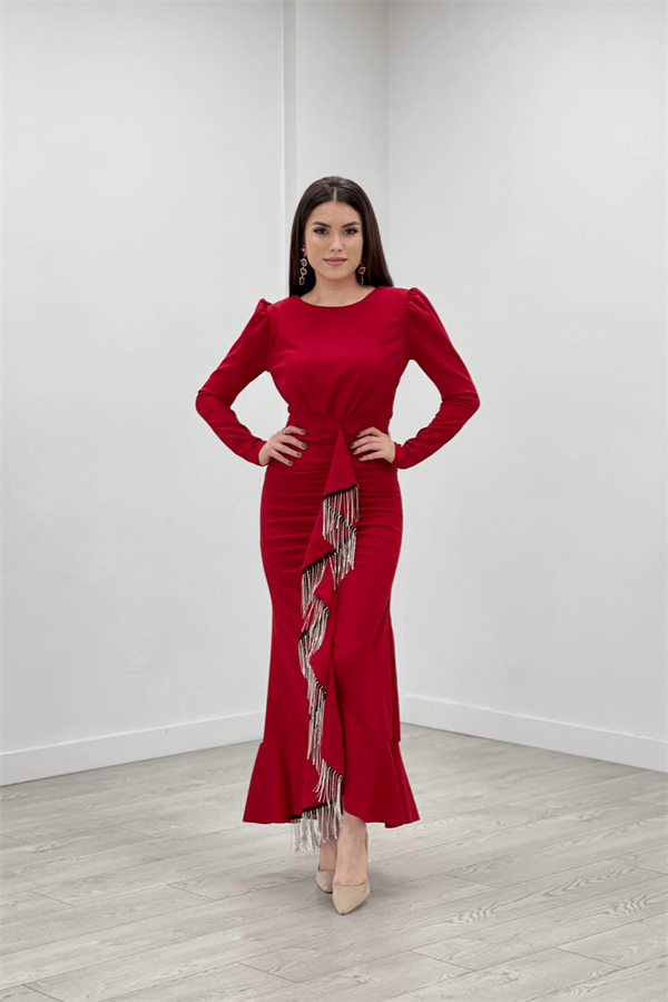 İthal Krep Kumaş Taş Püskül Detaylı Abiye Elbise - KIRMIZI