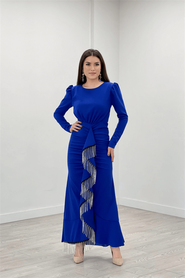 İthal Krep Kumaş Taş Püskül Detaylı Abiye Elbise - SAKS MAVİ