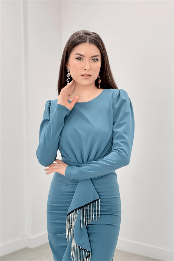 İthal Krep Kumaş Taş Püskül Detaylı Abiye Elbise - SU YEŞİLİ