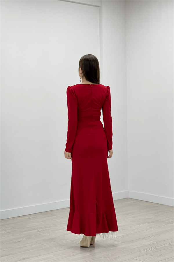 İthal Krep Kumaş Taş Püskül Detaylı Abiye Elbise - KIRMIZI