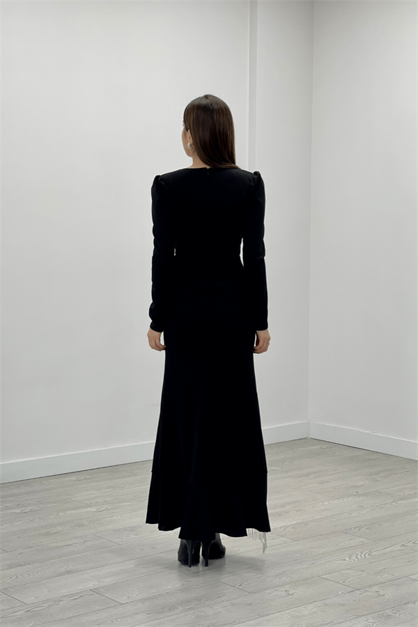 İthal Krep Kumaş Taş Püskül Detaylı Abiye Elbise - SİYAH