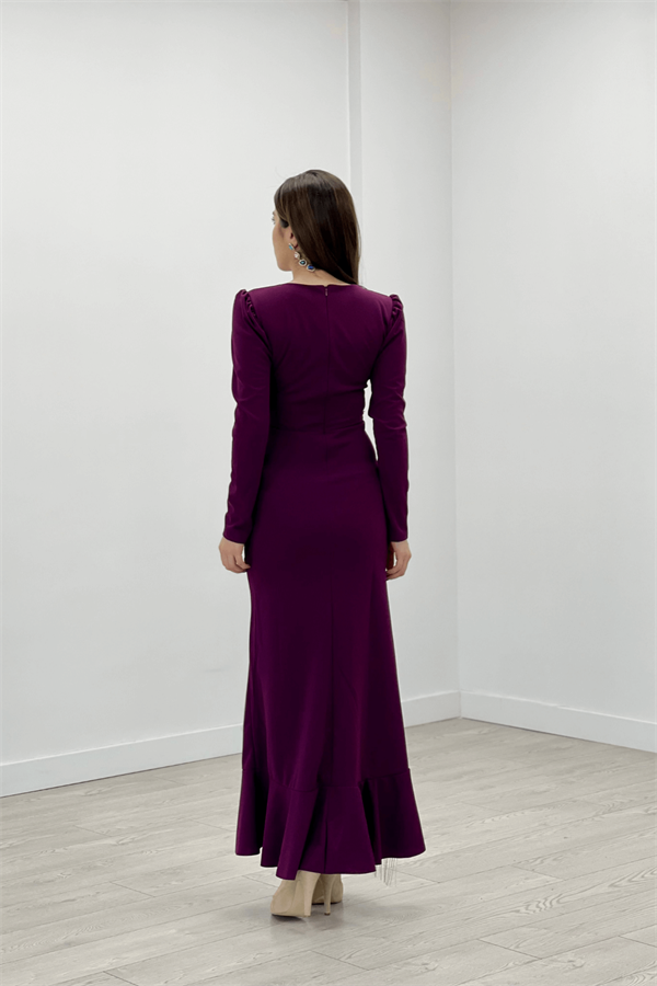 İthal Krep Kumaş Taş Püskül Detaylı Abiye Elbise - PATLICAN MOR