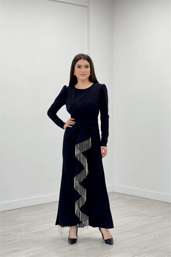 İthal Krep Kumaş Taş Püskül Detaylı Abiye Elbise - SİYAH