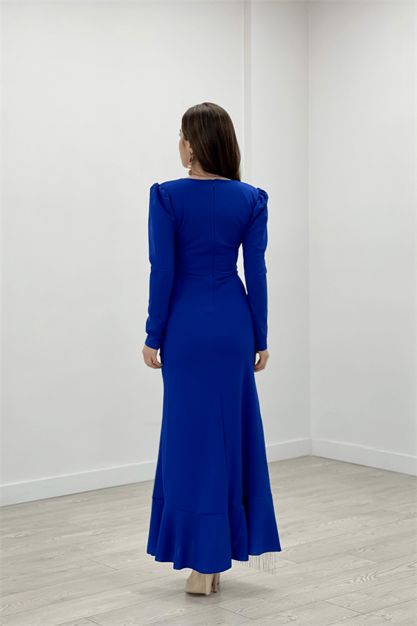 İthal Krep Kumaş Taş Püskül Detaylı Abiye Elbise - SAKS MAVİ