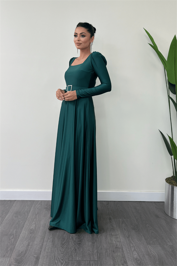 Imported Crepe Satin Fabric Sweetheart Collar Flared Dress - Emerald Green