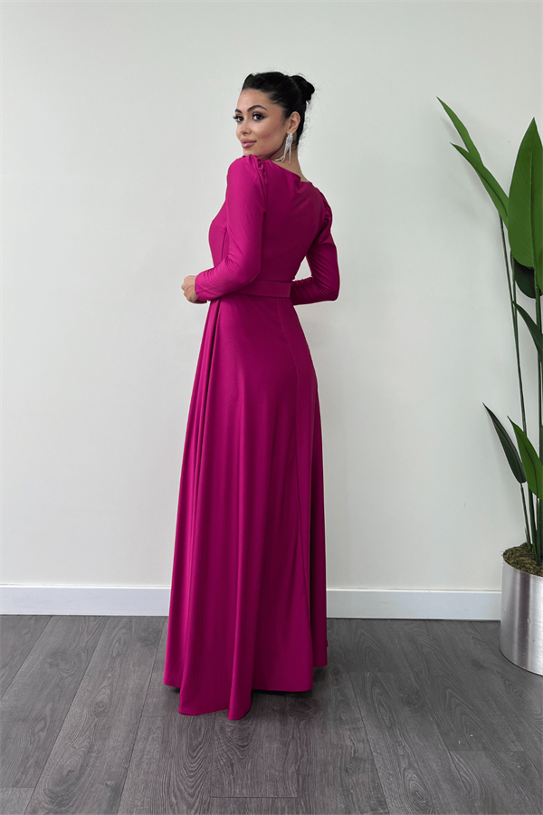 Imported Crepe Satin Fabric Sweetheart Collar Flared Dress - Plum Color