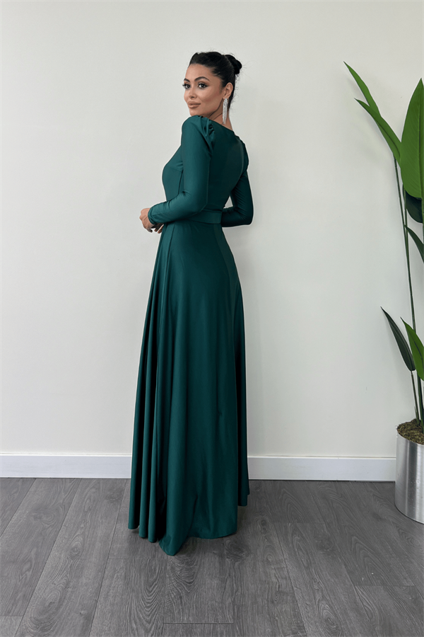 Imported Crepe Satin Fabric Sweetheart Collar Flared Dress - Emerald Green