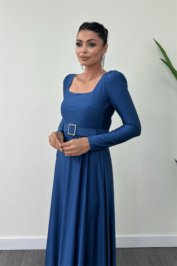 Imported Crepe Satin Fabric Sweetheart Collar Flared Dress - Indigo Blue