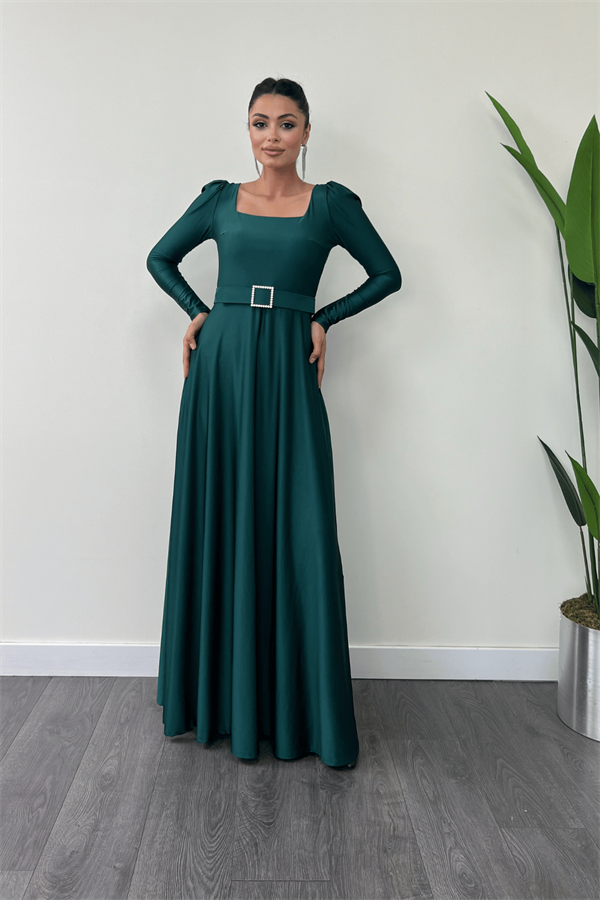 Imported Crepe Satin Fabric Sweetheart Collar Flared Dress - Emerald Green