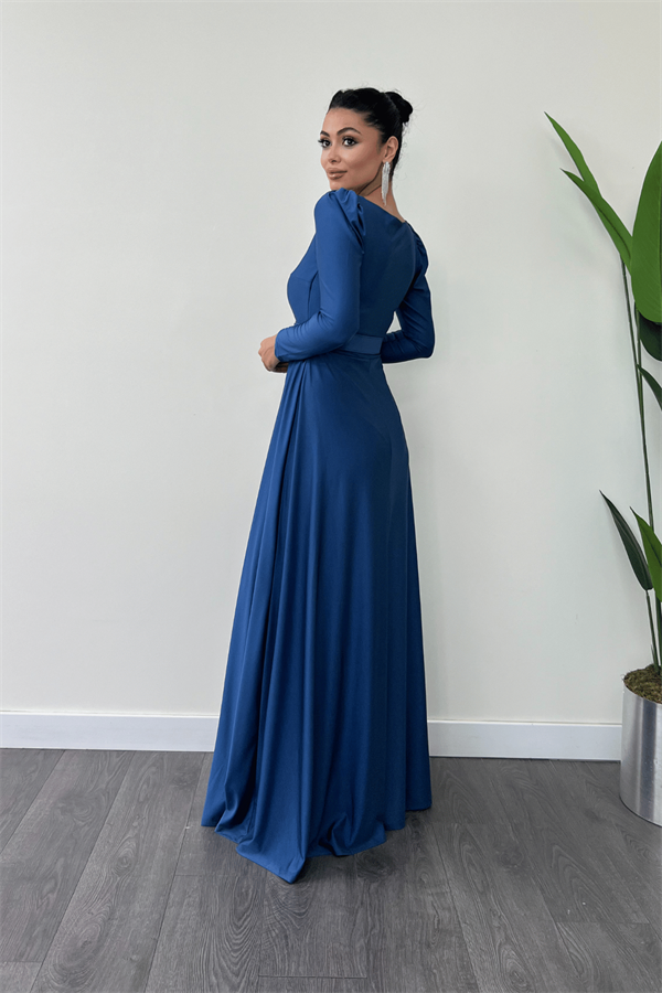 Imported Crepe Satin Fabric Sweetheart Collar Flared Dress - Indigo Blue