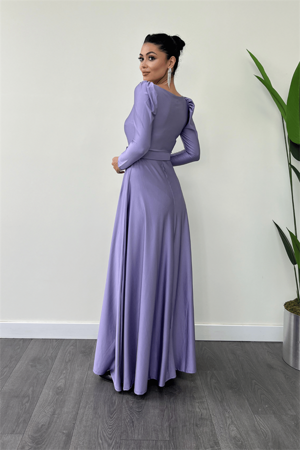 Imported Crepe Satin Fabric Sweetheart Collar Flared Dress - Lilac Color