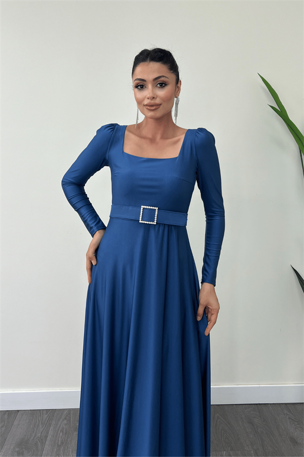 Imported Crepe Satin Fabric Sweetheart Collar Flared Dress - Indigo Blue