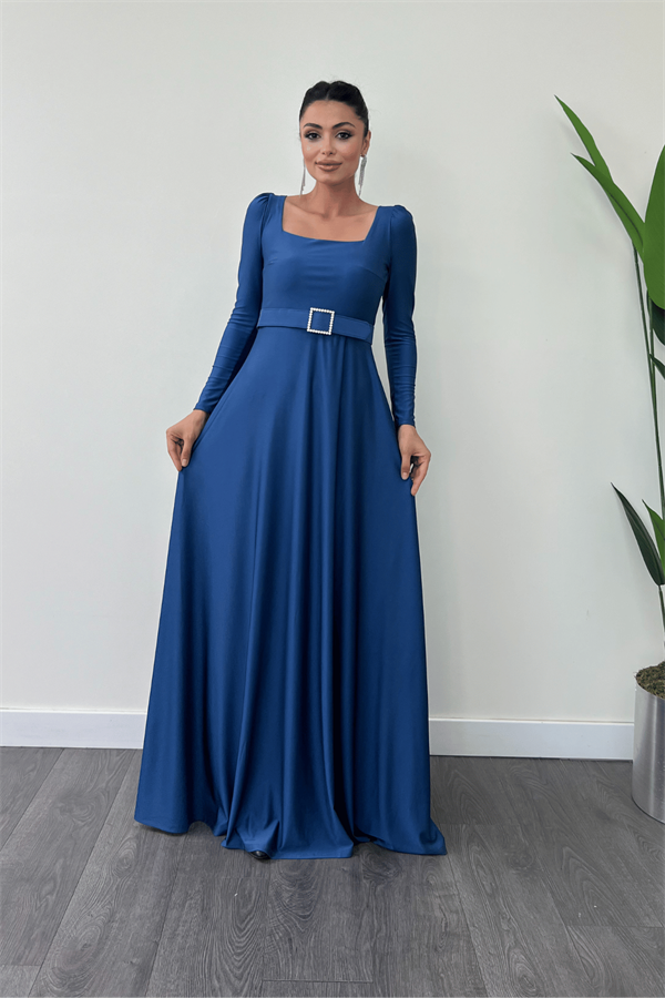 Imported Crepe Satin Fabric Sweetheart Collar Flared Dress - Indigo Blue