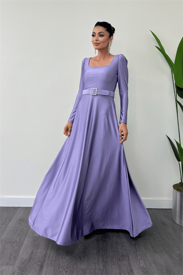 Imported Crepe Satin Fabric Sweetheart Collar Flared Dress - Lilac Color