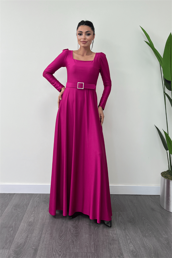 Imported Crepe Satin Fabric Sweetheart Collar Flared Dress - Plum Color