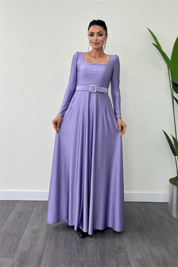 Imported Crepe Satin Fabric Sweetheart Collar Flared Dress - Lilac Color