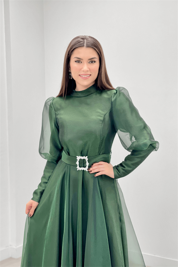 Imported Organza Crepe Fabric Evening Dress - EMERALD GREEN