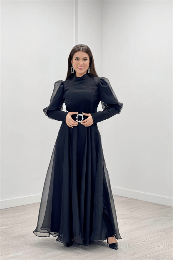 Imported Organza Crepe Fabric Evening Dress - BLACK