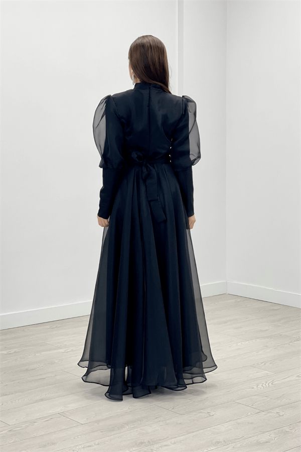 Imported Organza Crepe Fabric Evening Dress - BLACK