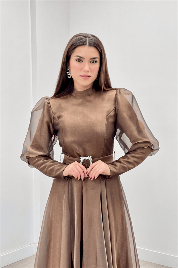 Imported Organza Crepe Fabric Evening Dress - BROWN