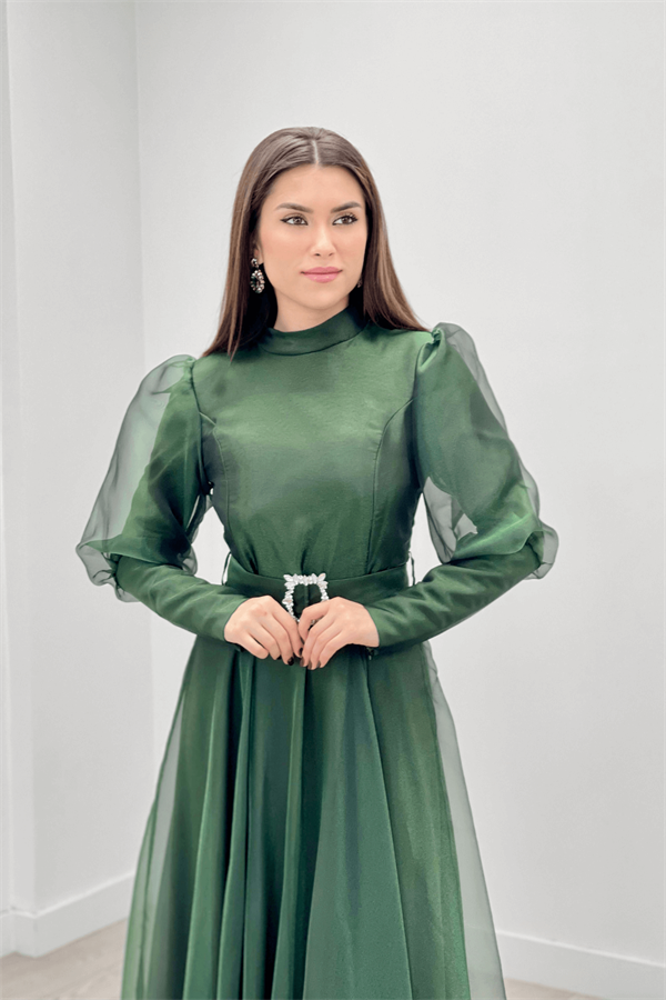 Imported Organza Crepe Fabric Evening Dress - EMERALD GREEN