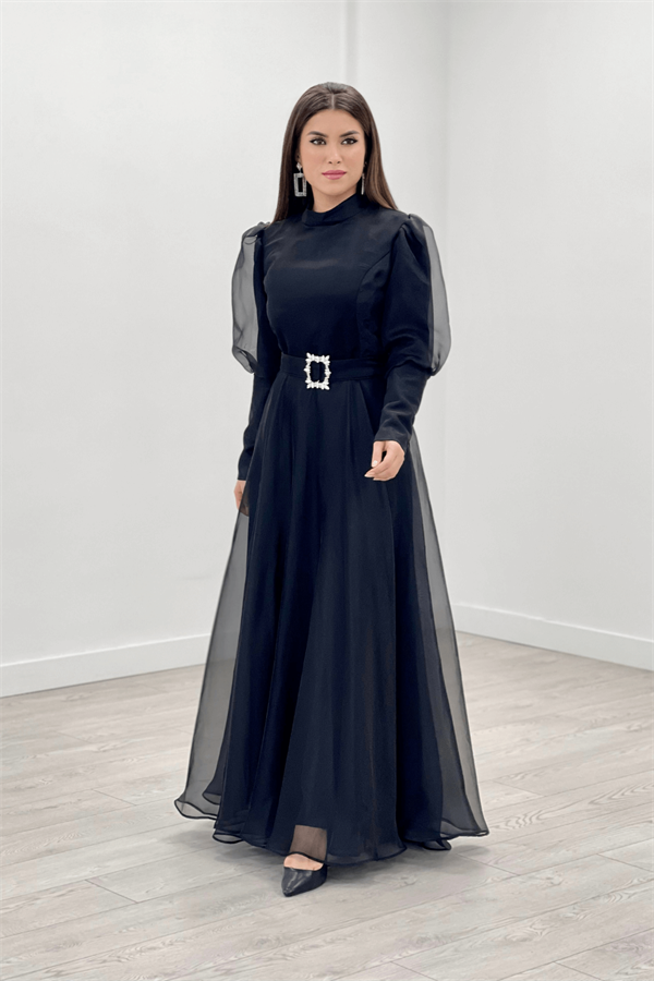 Imported Organza Crepe Fabric Evening Dress - BLACK