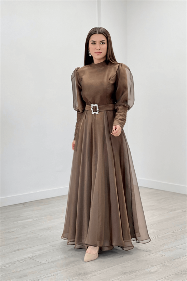 Imported Organza Crepe Fabric Evening Dress - BROWN