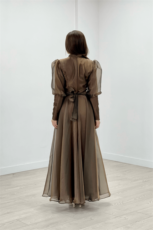 Imported Organza Crepe Fabric Evening Dress - BROWN