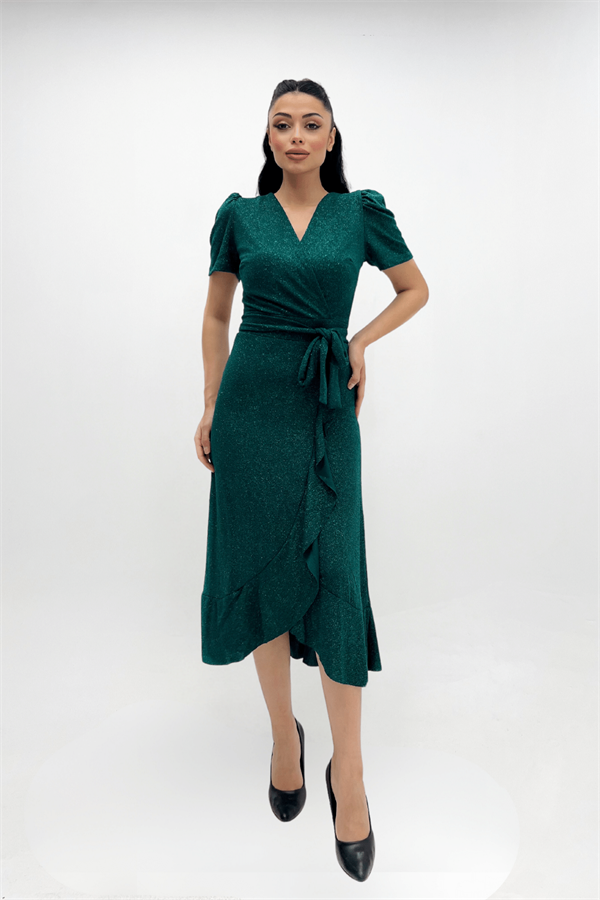 Imported Silvery Fabric Sash Detailed Midi Length Dress - Emerald Green