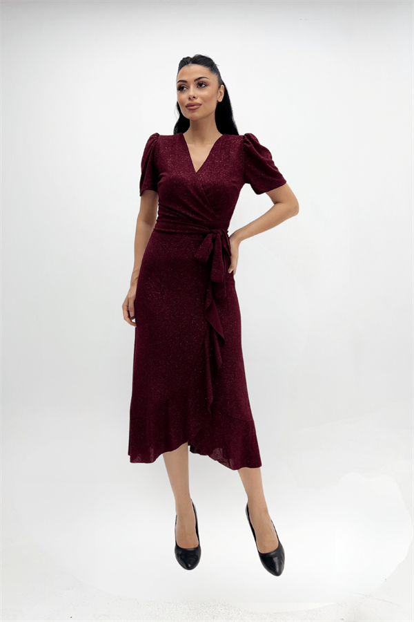 Imported Silvery Fabric Sash Detailed Midi Length Dress - Claret Red