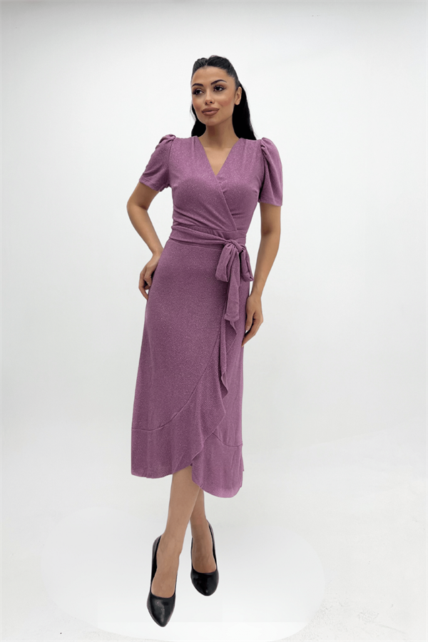 Imported Silvery Fabric Sash Detailed Midi Length Dress - Powder