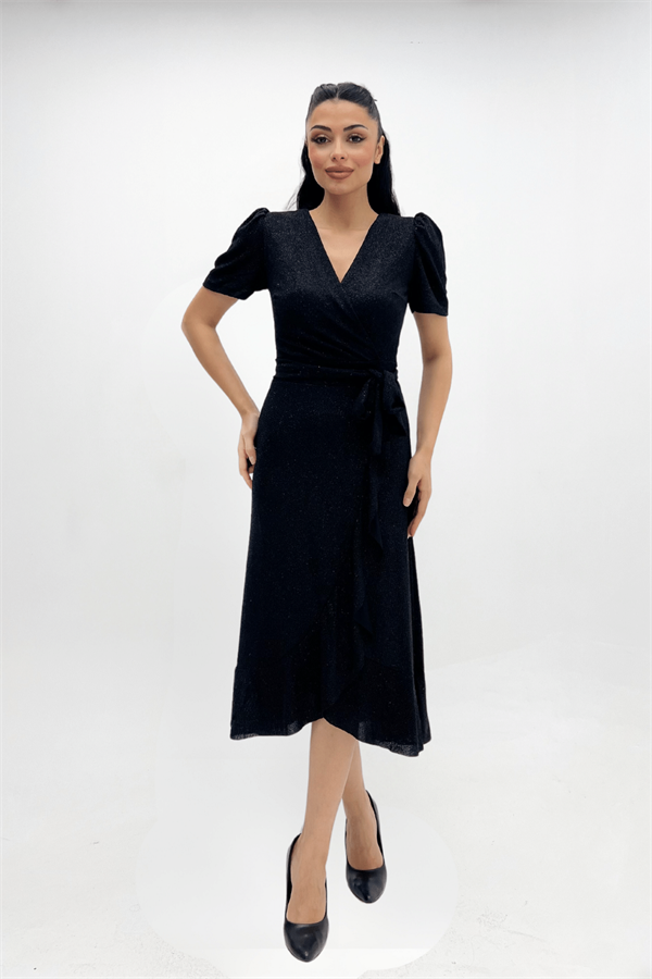 Imported Silvery Fabric Sash Detailed Midi Length Dress - Black