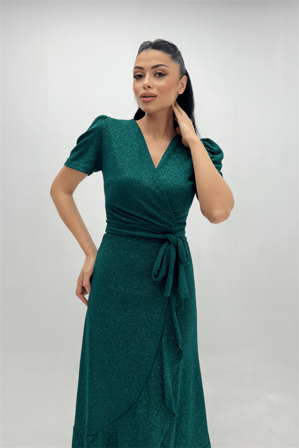 Imported Silvery Fabric Sash Detailed Midi Length Dress - Emerald Green