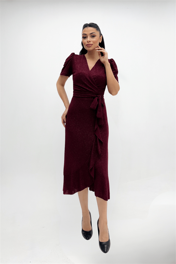 Imported Silvery Fabric Sash Detailed Midi Length Dress - Claret Red