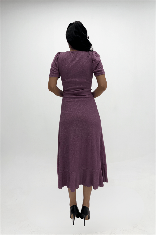 Imported Silvery Fabric Sash Detailed Midi Length Dress - Powder