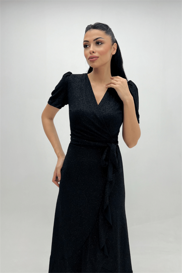 Imported Silvery Fabric Sash Detailed Midi Length Dress - Black