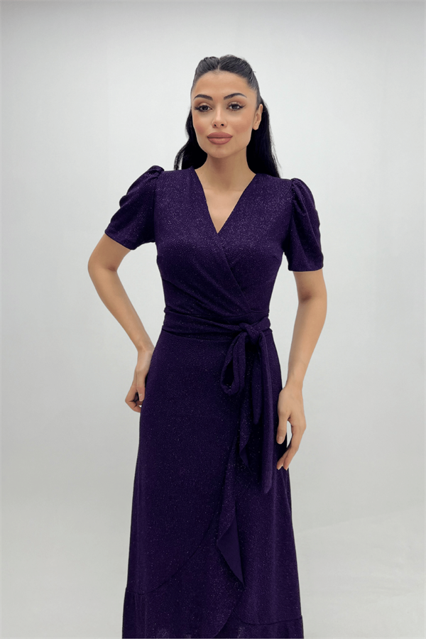 Imported Silvery Fabric Sash Detailed Midi Length Dress - Eggplant Color