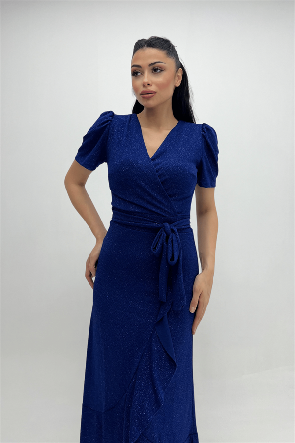 Imported Silvery Fabric Sash Detailed Midi Length Dress - Sax Blue