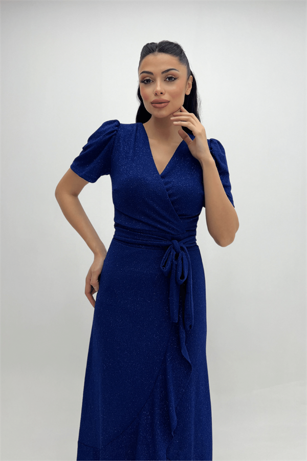 Imported Silvery Fabric Sash Detailed Midi Length Dress - Sax Blue