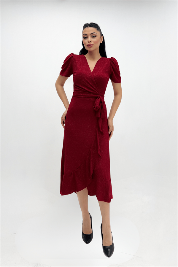 Imported Silvery Fabric Sash Detailed Midi Length Dress - Red