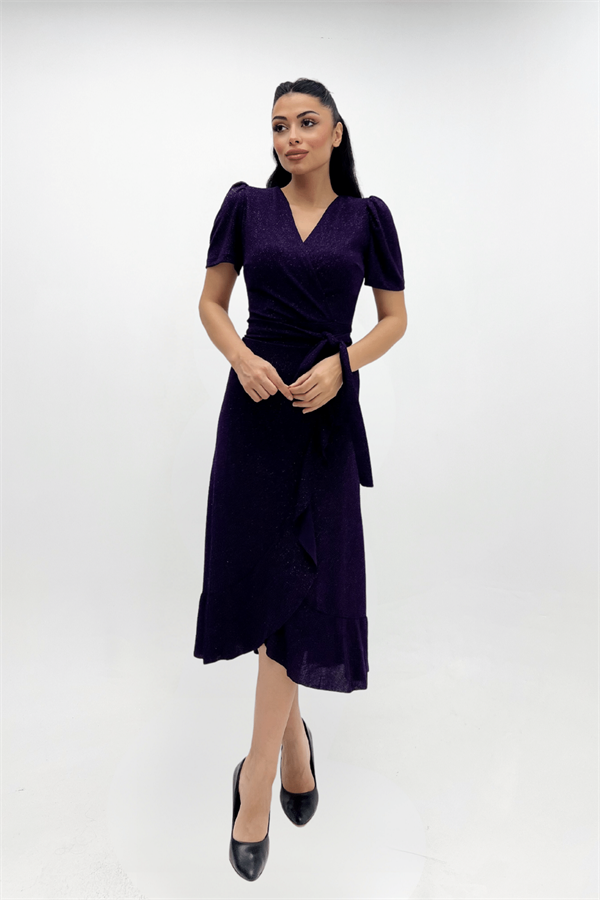 Imported Silvery Fabric Sash Detailed Midi Length Dress - Eggplant Color