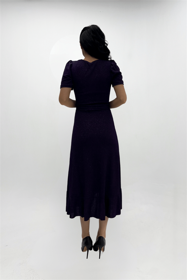 Imported Silvery Fabric Sash Detailed Midi Length Dress - Eggplant Color