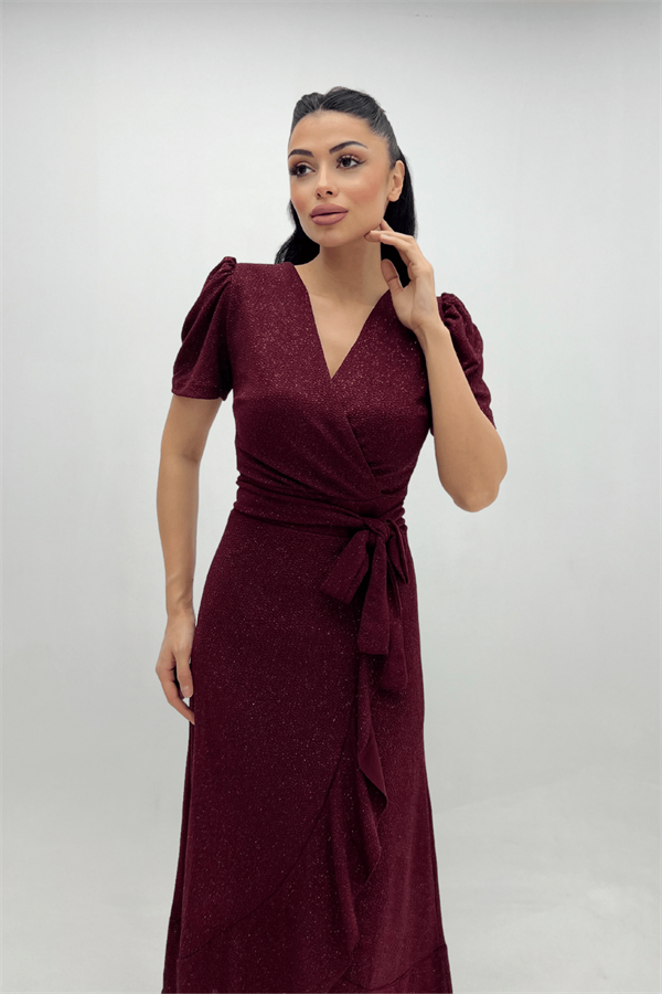 Imported Silvery Fabric Sash Detailed Midi Length Dress - Claret Red