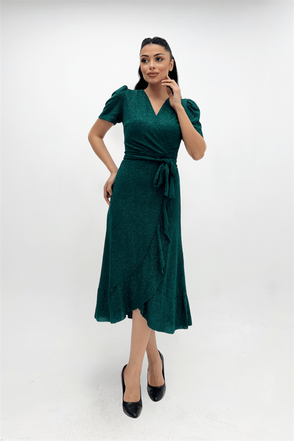 Imported Silvery Fabric Sash Detailed Midi Length Dress - Emerald Green